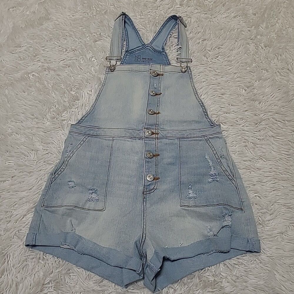 NOBO Shortalls Juniors Size Large Mid Rise Distressed Light Wash Blue Denim